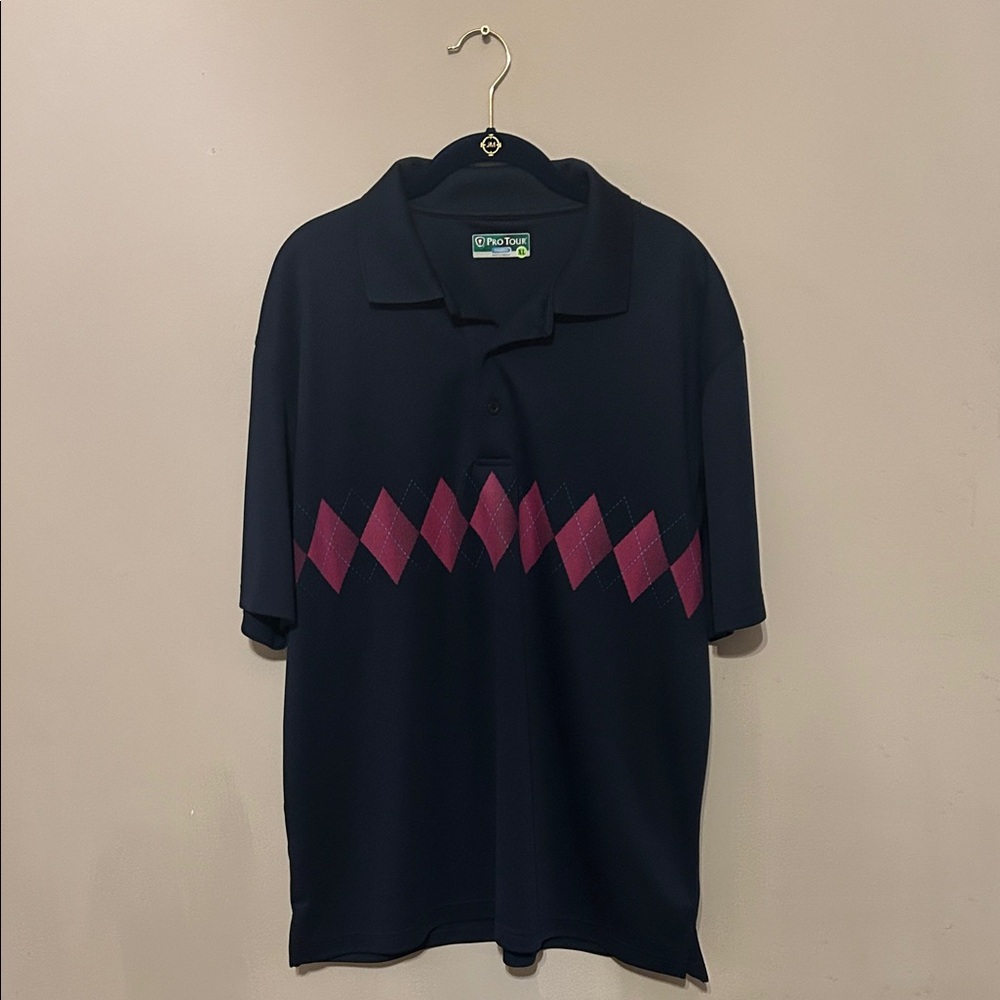 PGA Tour Navy Polo with Pink Argyle Design
